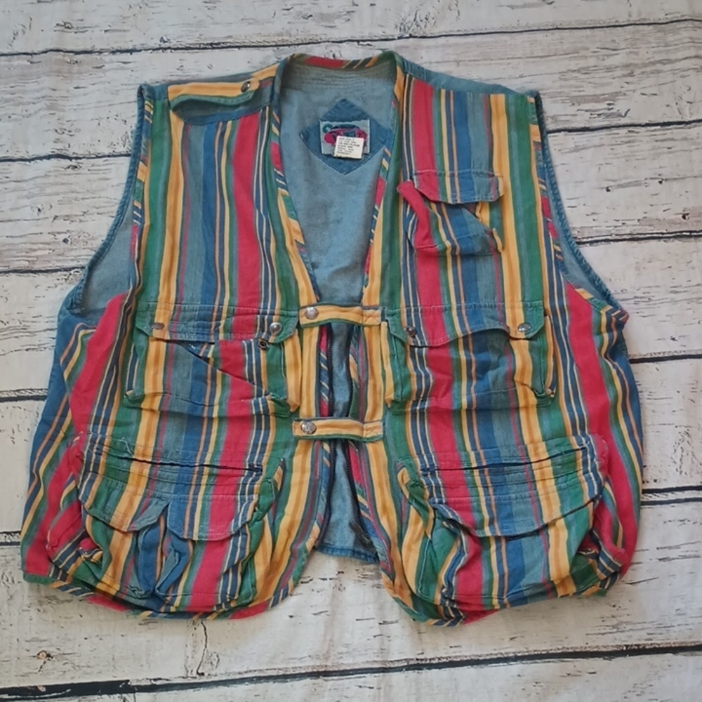 Protest Blues Vintage Denim Multicolor Cotton Safari Photography Vest L